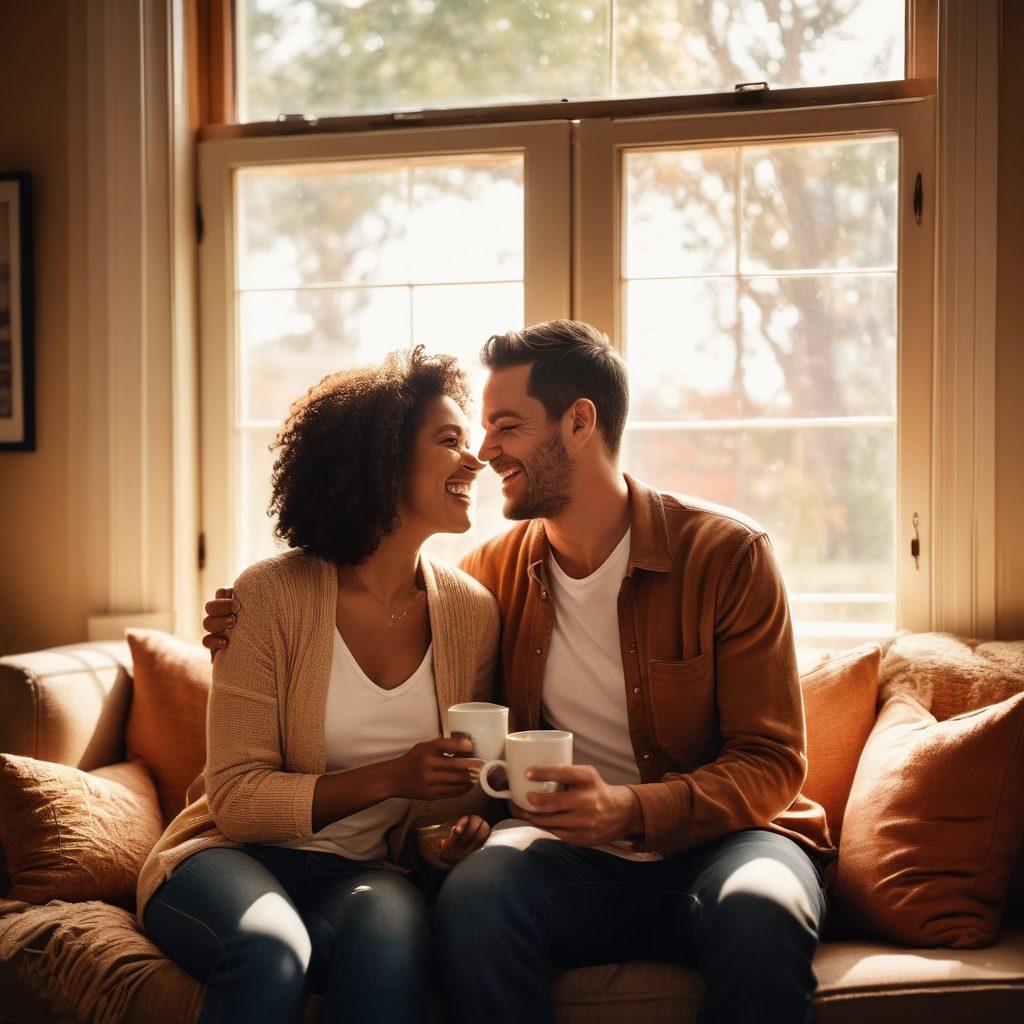 A cozy, intimate scene of a couple laughing together in their living room, surrounded by framed memories representing their journey in marriage. Sunlight streaming through a window, highlighting their joy and connection. Include elements like a warm cup of tea, love letters, and a family photo. Enhance the atmosphere with soft, warm colors for a nostalgic feel. super-realistic. warm tones. intimate lighting.