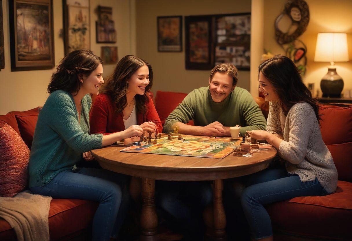 A warm and inviting family scene with diverse family members engaged in a cozy, intimate moment, such as sharing a meal or playing a board game, set in a beautifully decorated living room filled with soft lighting and personal touches. Incorporate symbols of happiness, like laughter, hugs, and cherished family photos on the walls. The overall atmosphere should radiate love and connection, evoking a sense of togetherness and belonging. super-realistic. vibrant colors. soft focus.