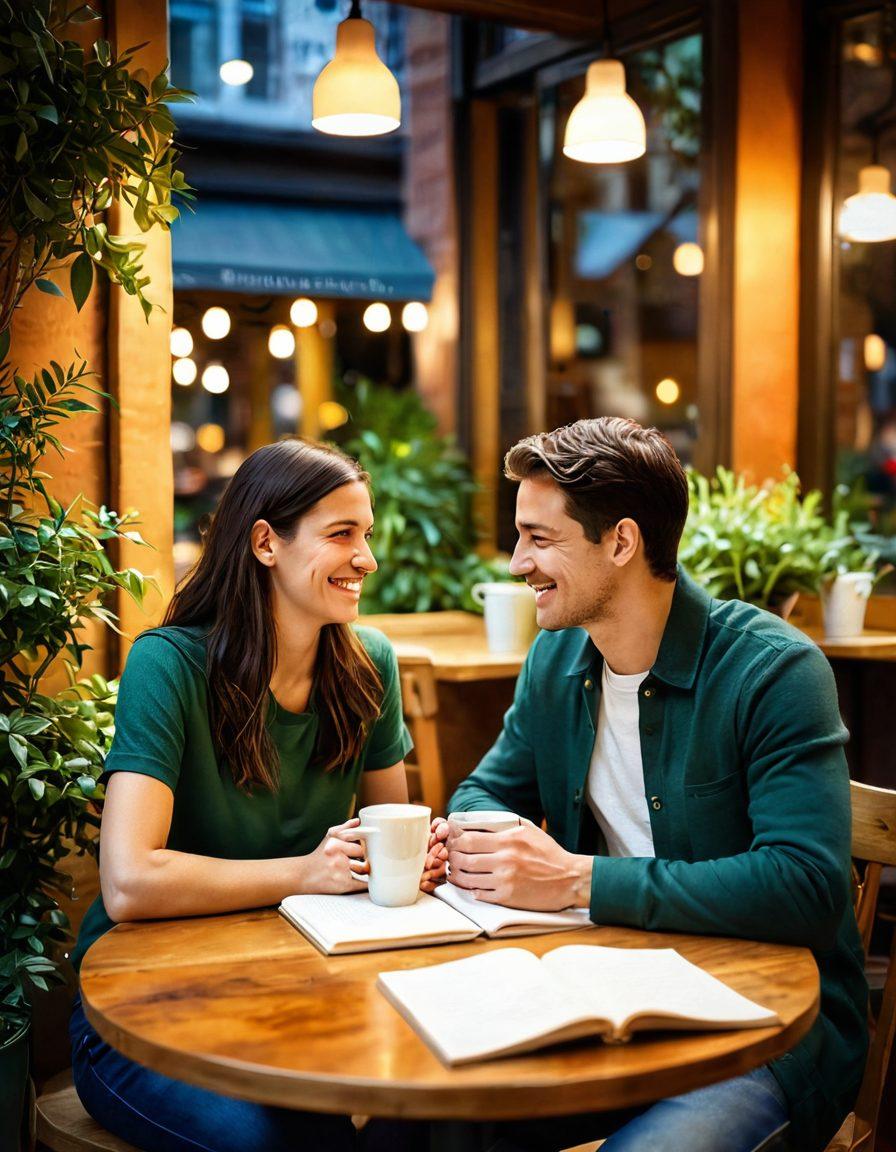 A serene scene depicting a couple engaging in a heartfelt conversation at a cozy cafe, with warm lighting and soft textures. Emphasize their smiles, body language, and connection, surrounded by coffee cups and notebooks symbolizing open dialogue. Include elements of nature, like green plants in the background, to convey tranquility. super-realistic. vibrant colors. warm tones.